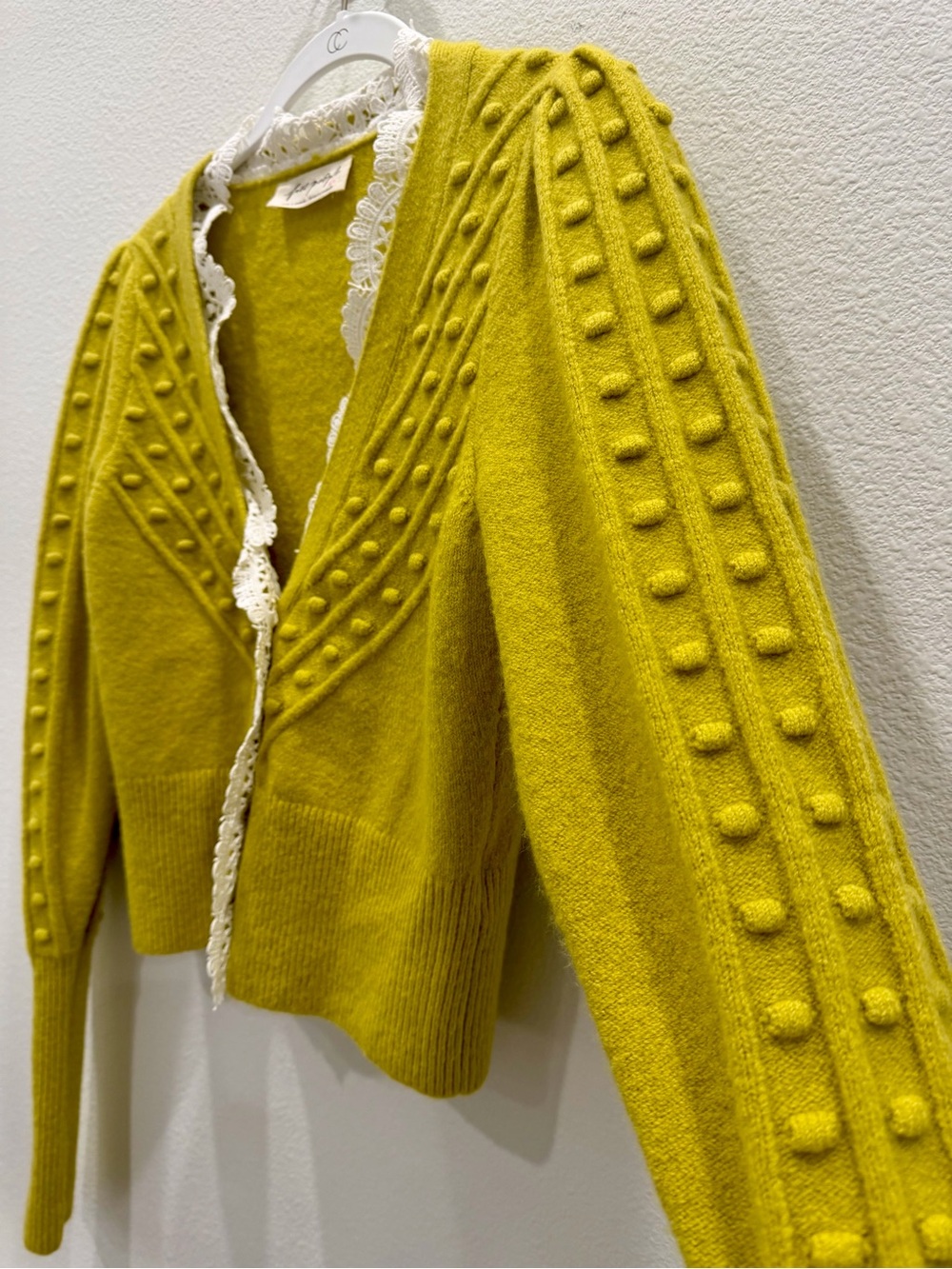 Free People Yellow-Green Lace Trim Bobble V-Neck Cardigan - Picture 5 of 5